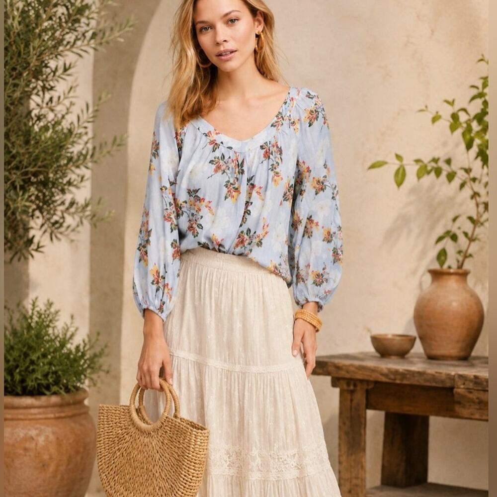 Anthropologie Maeve Boswell Floral Blue Striped Balloon Sleeve Blouse Size 4